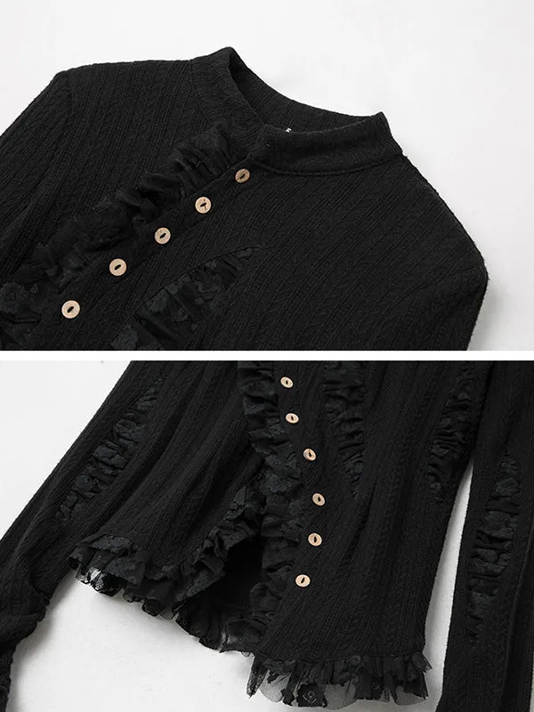 Stylish Asymmetric Buttoned Hollow Lace Stand Collar Long Sleeves Knitwear Cardigan