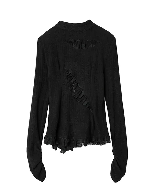 Stylish Asymmetric Buttoned Hollow Lace Stand Collar Long Sleeves Knitwear Cardigan