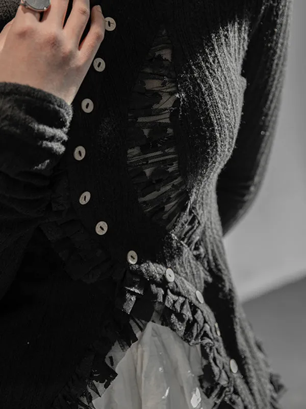 Stylish Asymmetric Buttoned Hollow Lace Stand Collar Long Sleeves Knitwear Cardigan