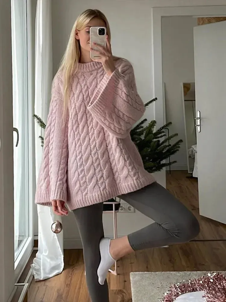 TAVIMART  -  Elegant Round Neck Knitted Women's Sweater Casual Long Sleeve Loose Warm Pullover 2024 New Autumn Winter Lady Commute Knitwear