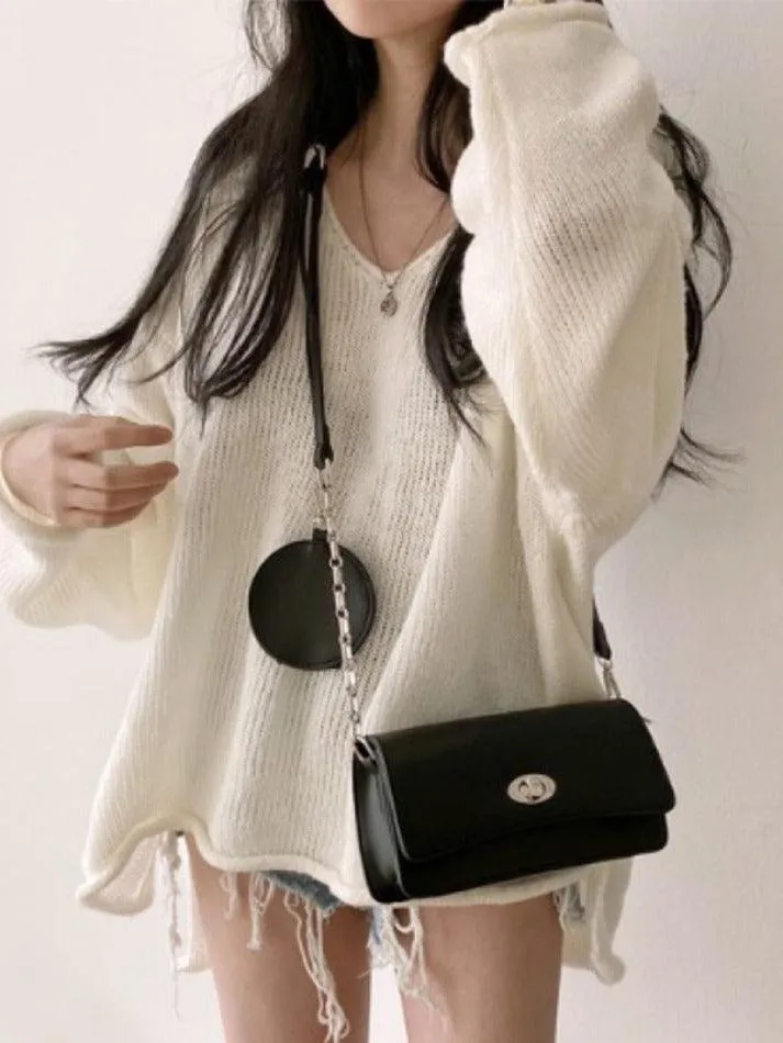 V Neck Rolled Hem Loose Sweater