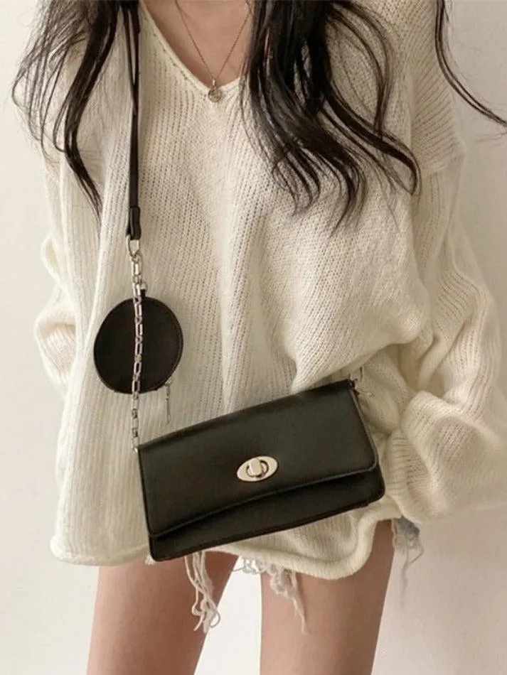 V Neck Rolled Hem Loose Sweater