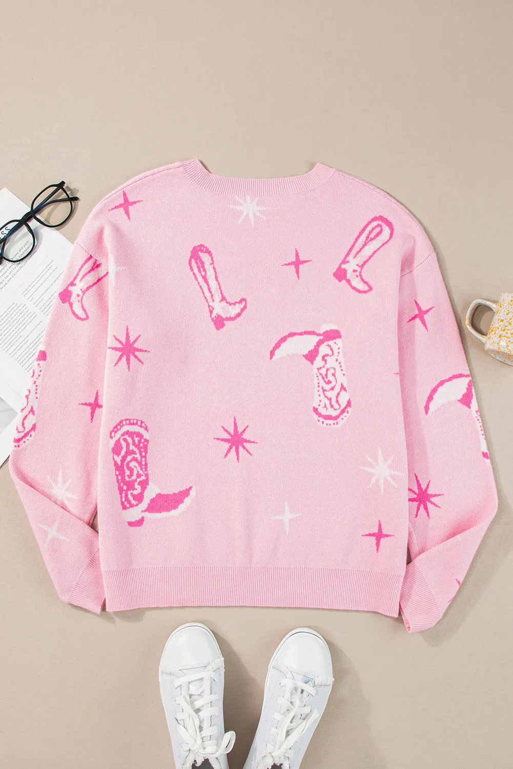 Western Pink Cowboy Boot Sweater